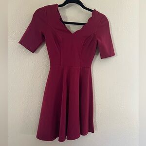 Burgundy Midi Dress with Scalloped Neckline